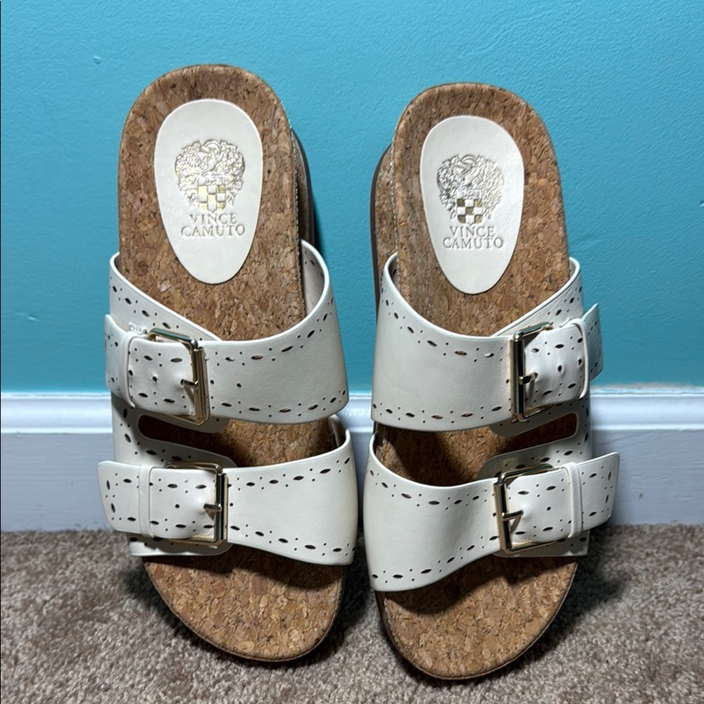 Vince Camuto Leather Double Buckle Slide Sandals - Frayah